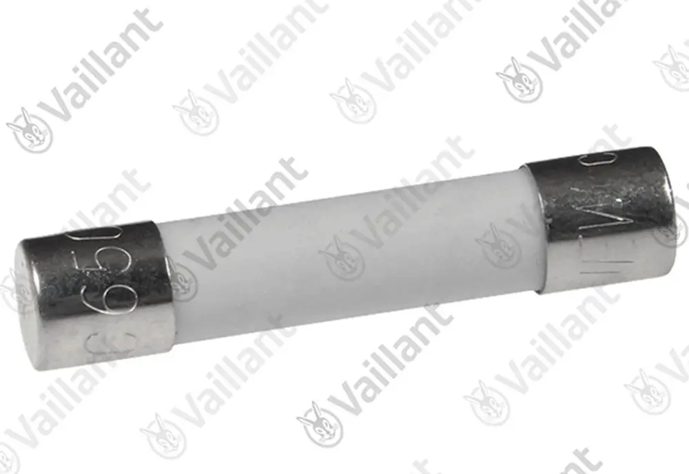 Vaillant Sicherung in zylindrischer Form mit metallischen Enden. Die Sicherung hat eine helle, possibly porzellanartige Oberfläche.